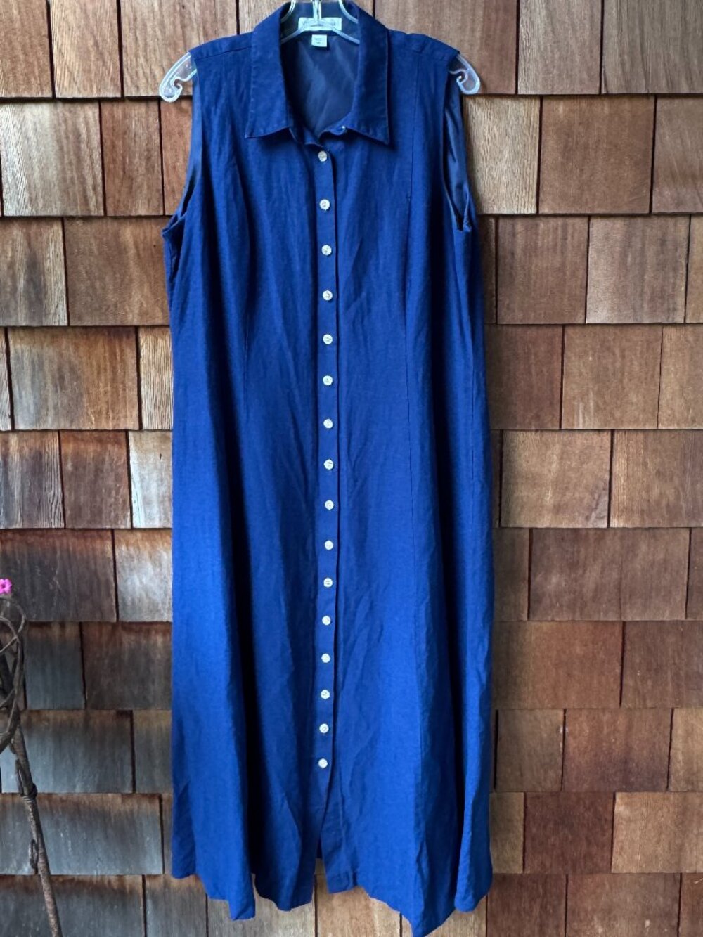 Coldwater Creek Navy Linen Blend Sleeveless A-Line Button Front Shirtdress in 16